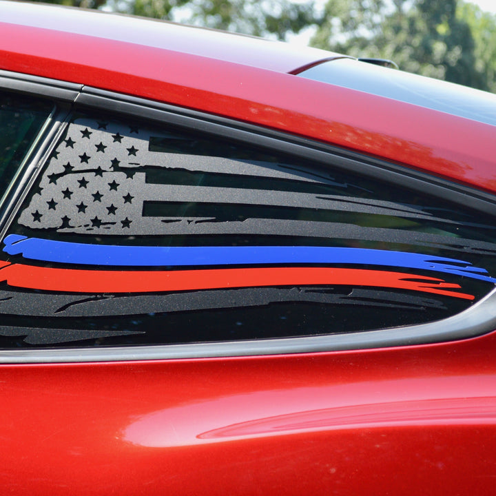 Ford Mustang 2015 and newer American flag decal sticker with thin blue and red line stripe s550